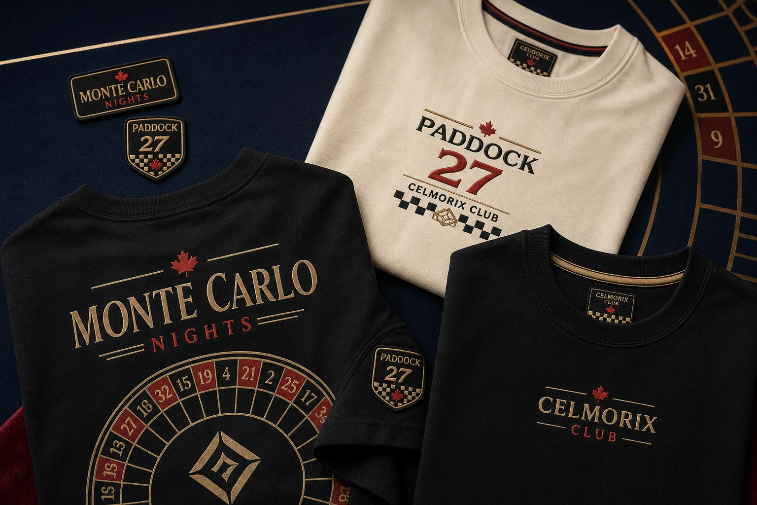 Close-up of Celmorix Club shirts showing printed details, embroidery and woven labels